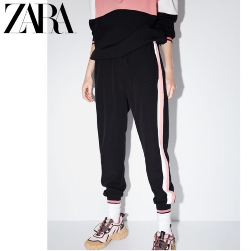 new ZARA Joggers women’s pants black/pink+white stripes size XS/S